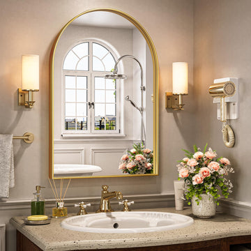 Arched Mirror, Arched Wall Mirror, 20 x 30 Inch Gold Arch Mirror, Metal Frame Gold Bathroom Mirror, Arched Top