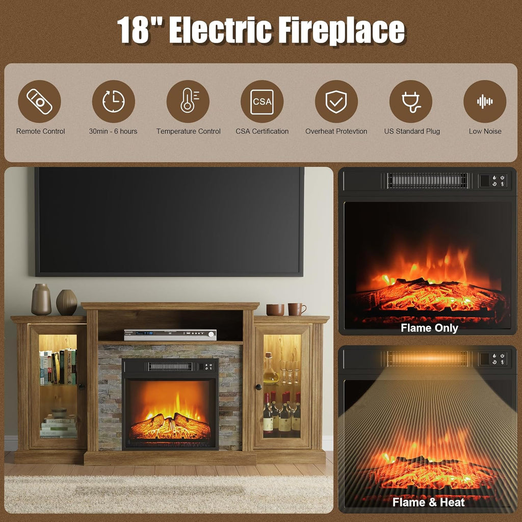 Fireplace TV Stand for 65 Inch TV, Entertainment Center with 18 inch Electric Fireplace & LED Lights,Mordern Media