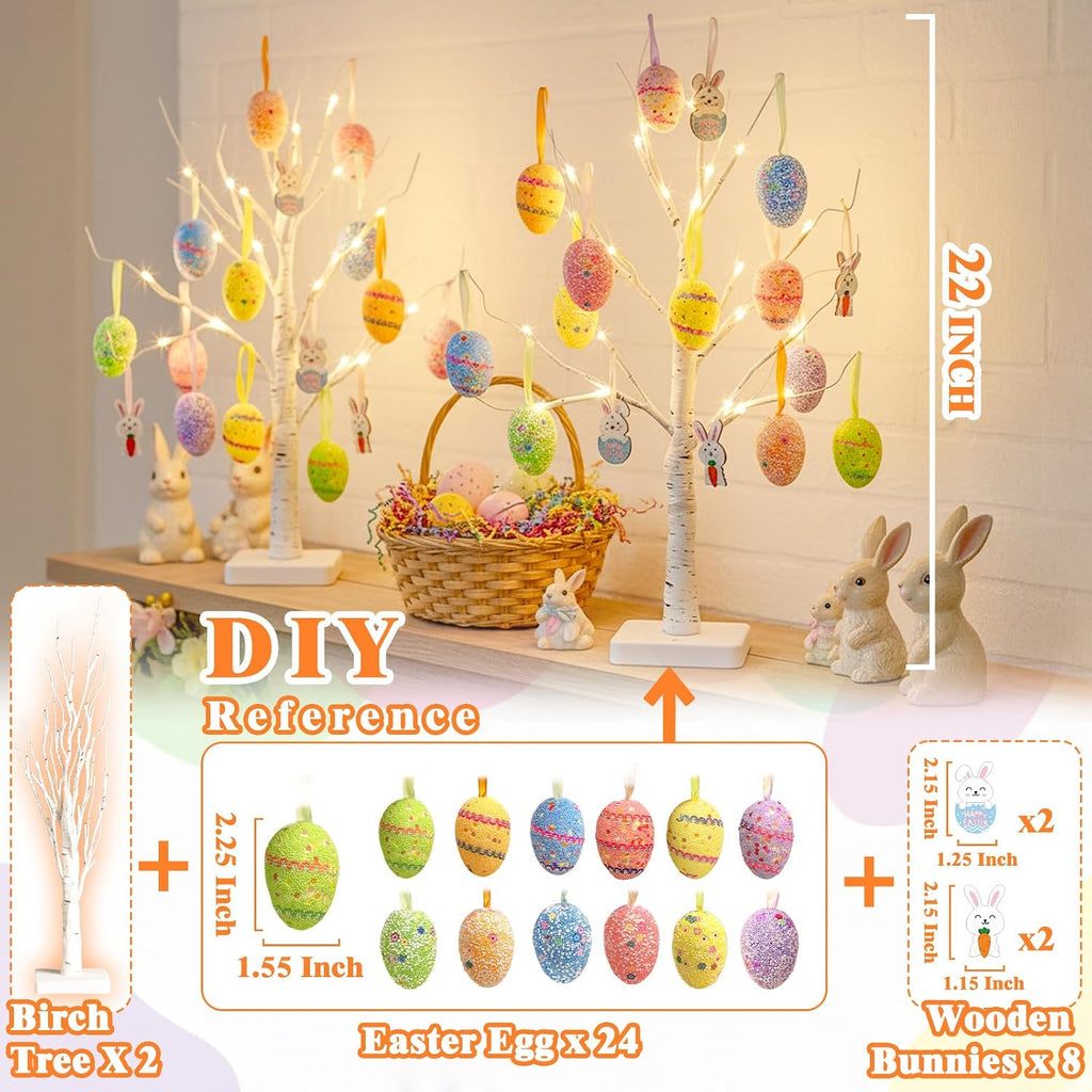 Easter Egg Tree Lights, 22 Inch Easter Trees Battery Operated with Timer, Lighted White Birch Tree Tabletop - Set of 2
