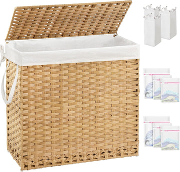 Laundry Hamper with Lid Laundry Basket 132 L PE Rattan Natural | Decorative PE Rattan Furniture Look , Large Sorting