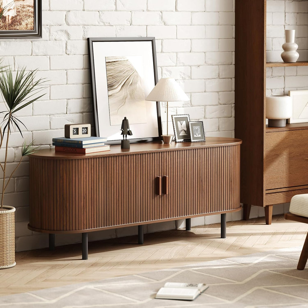 55" TV Stand with Power Outlet for TVs up to 60 Inch, Entertainment Center with Storage and Adjustable Shelves