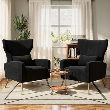 Black Velvet Accent Chair Set of 2, Wingback Chair , High Back Arm Chair with Golden Legs Lumbar Pillow, Upholstered
