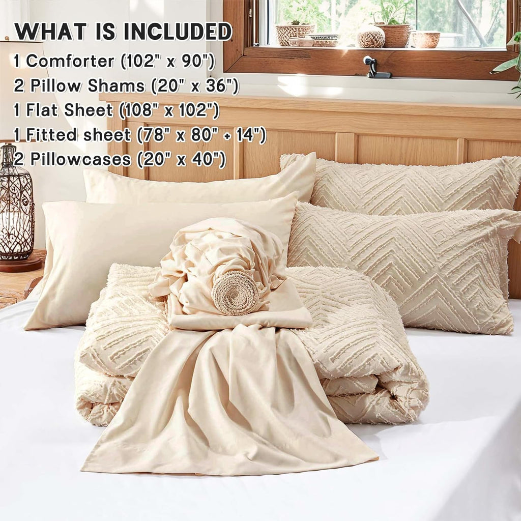 Comforter Set 7 Pieces, Beige Tufted Bed in a Bag with Comforter and Sheets