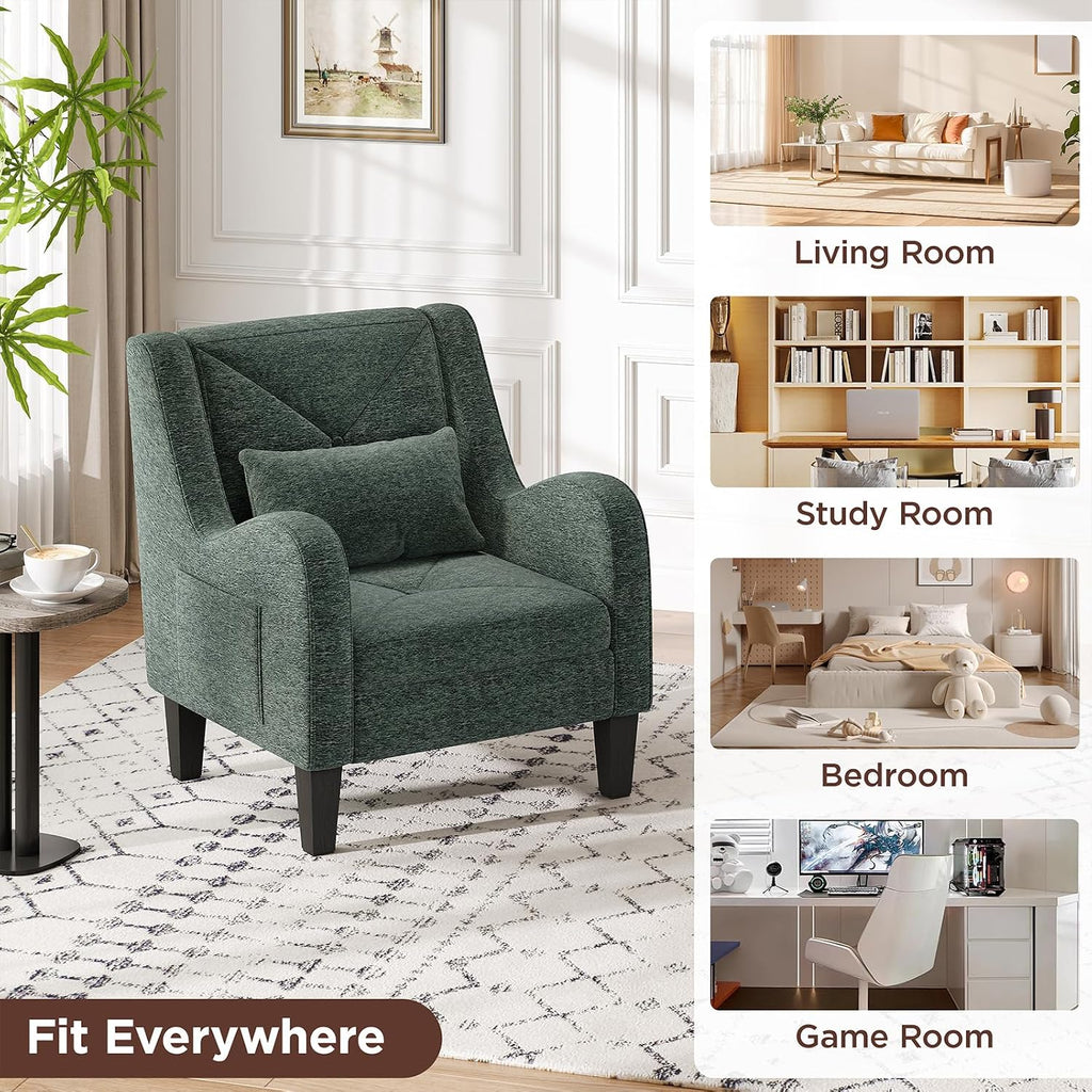Chenille Accent Chair Bedroom Chair Comfy Reading Chair Upholstered Arm Chair, Single Sofa Chair with Lumbar Pillow