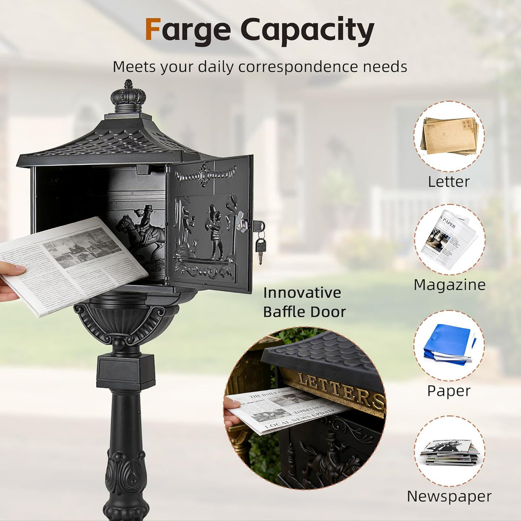 Cast Aluminum Locking Mailbox, Heavy Duty Security Postal Box, Retro Mid-Century Outdoor Mailbox with Key Lock