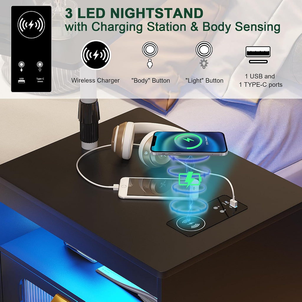 Nightstand with Wireless Charging Station, LED Nightstand Has Adjustable Rotary Workstation,Smart Night Stand with 2