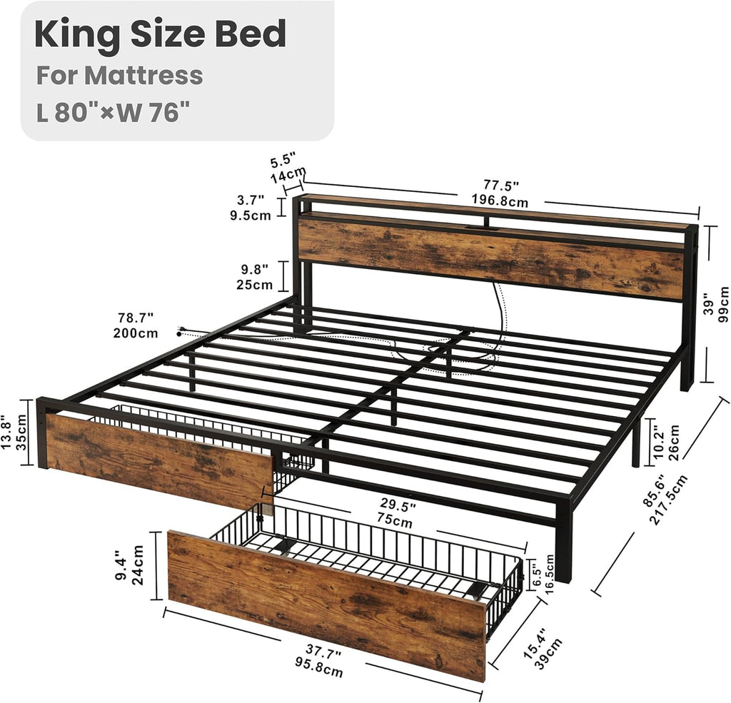 King Bed Frame with Storage Headboard, Platform King Bed with 2 Drawers and Charging Station, Heavy-Duty Metal Slats