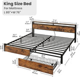 King Bed Frame with Storage Headboard, Platform King Bed with 2 Drawers and Charging Station, Heavy-Duty Metal Slats