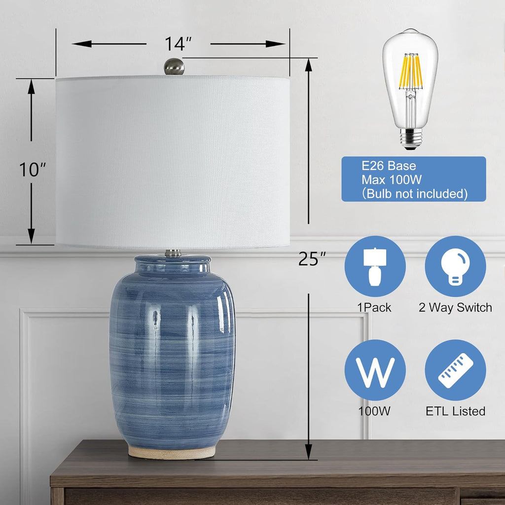 25" Blue Table Lamp, Modern Ceramic Lamp with White Shade, Coastal Blue Bedside Nightstand Lamp Home Office