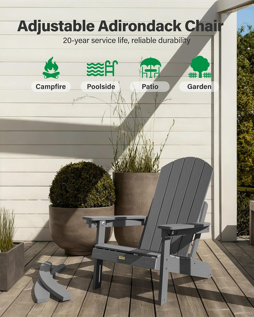 Adirondack Rocking Chairs, Adirondack Chair with Footrest, Grey | 5- Level Adjustable Backrest, Retractable Ottoman &