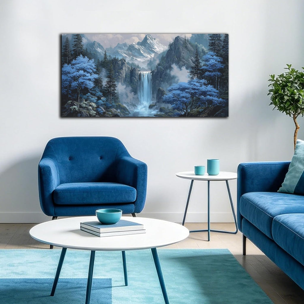 Blue Tree Forest Waterfall Wall Art Nature Landscape Canvas Print Painting Modern Home Office Living Room Decor