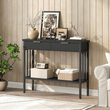 39.4" Console Table with 2 Drawers, Narrow Long Entry Table with Storage Shelf, 2-Tier Fluted Entryway Table with 2