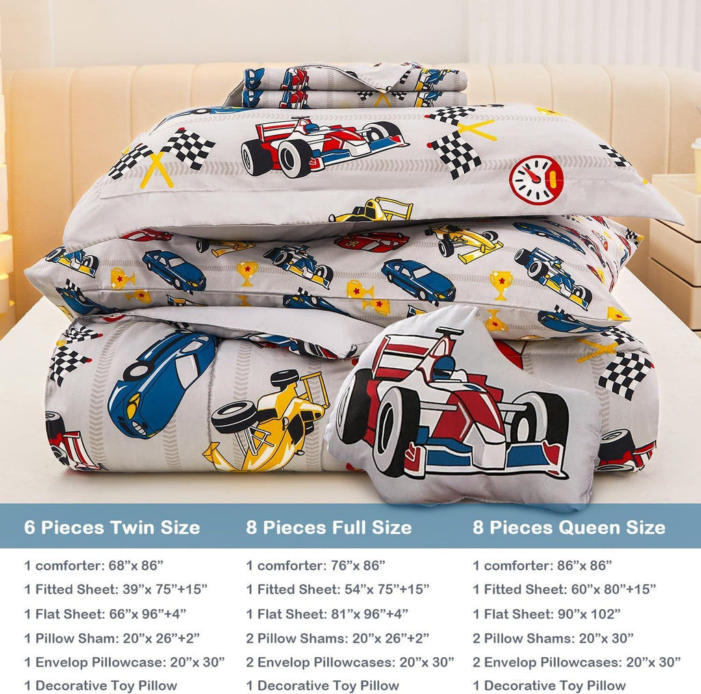 Comforter Sets for Boys Kids, 6 Pieces Bed in a Bag Racing Car Bedding Comforter Sheet Set with Shams and