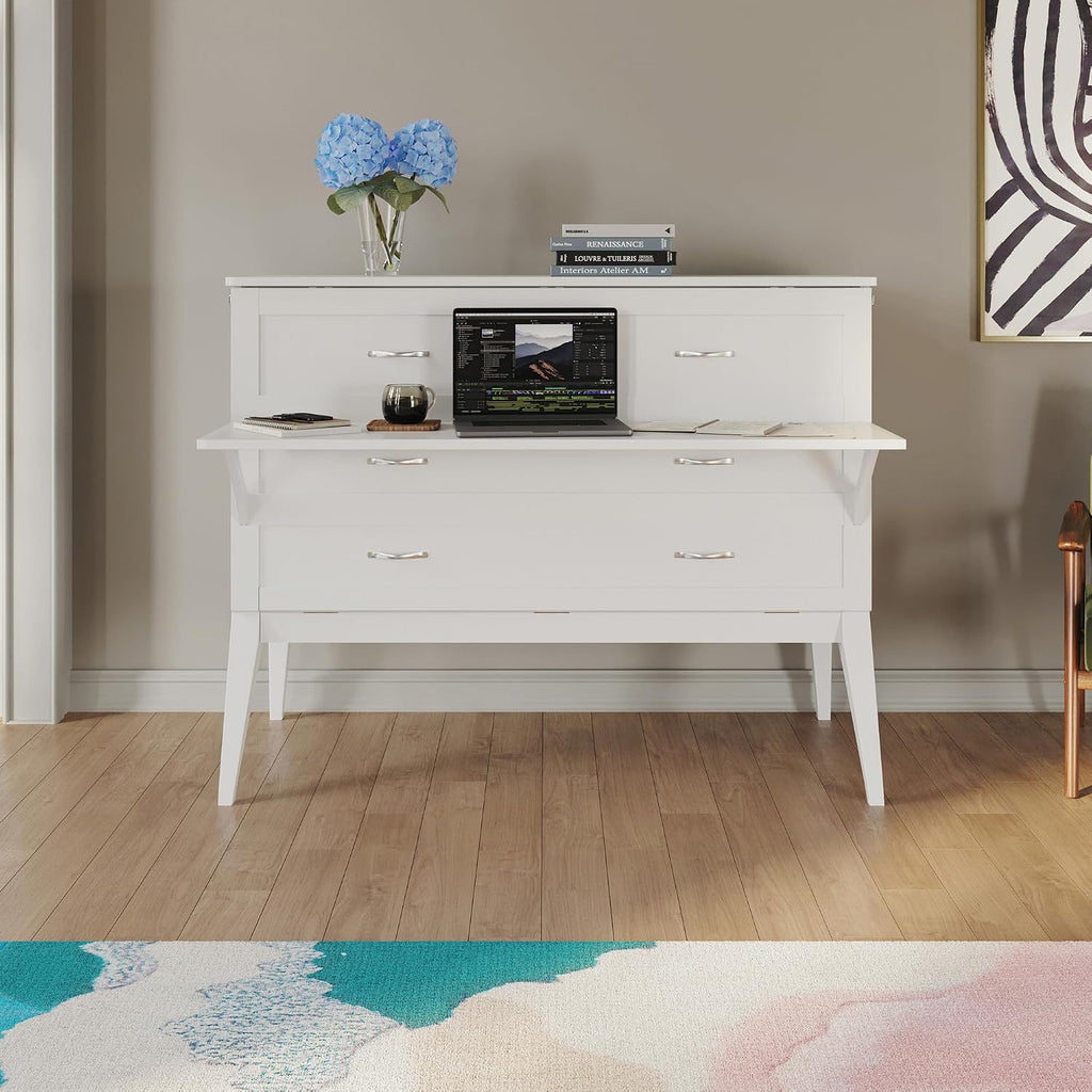 Full Murphy Bed Desk with Memory Foam 6" Mattress and Built-in USB Charger, White
