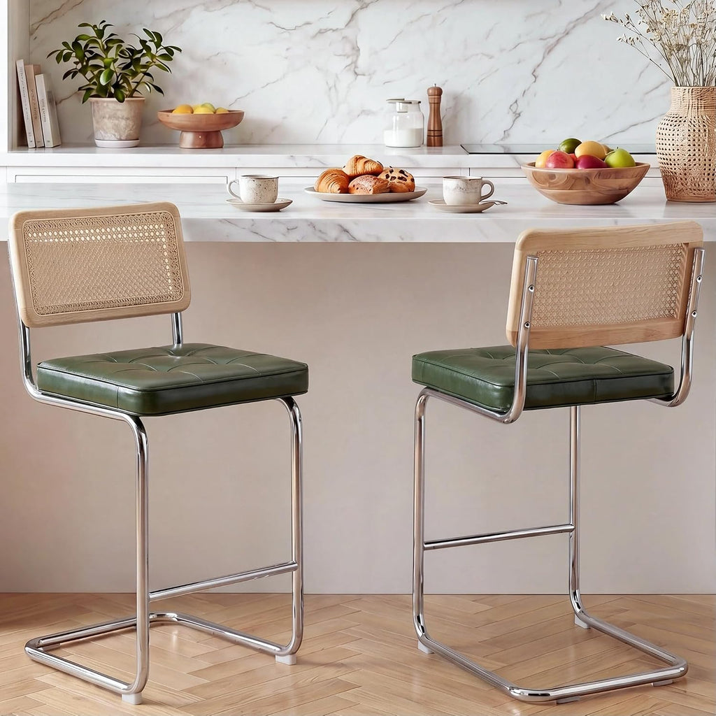 Natural Rattan Bar Stools Set of 2, Modern Counter Height Stools with Solid Wood Back, 26'' Counter Height Chairs