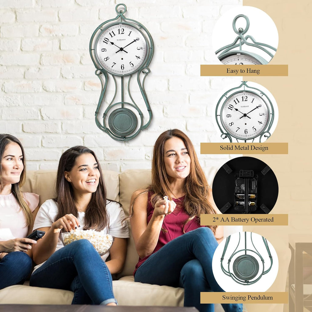 20 Inch Metal Pendulum Wall Clock Battery Operated,Large Schoolhouse Wall Clocks for Living Room Decor,Antique