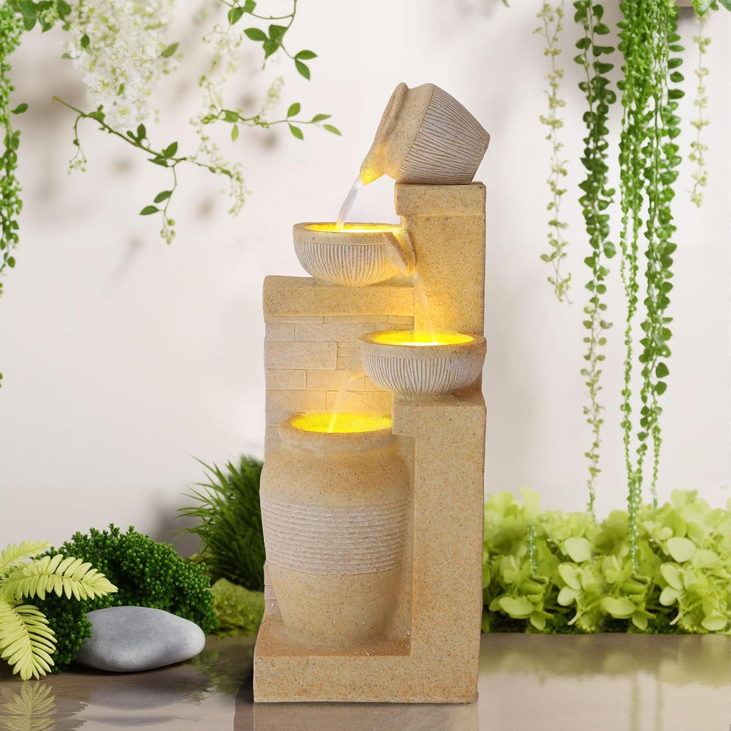Outdoor Water Fountain, 4 Tiered Waterfall Fountains with LED Lights, Garden Bowl Waterfalls