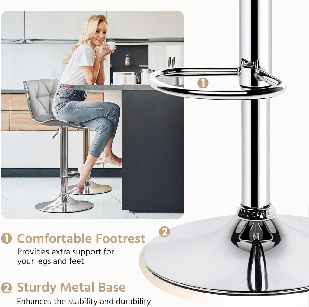 Bar Stools Set of 2, PU Leather Swivel Adjustable Barstools with Shell Back, Bar Chairs with Foma Padded, Light Grey