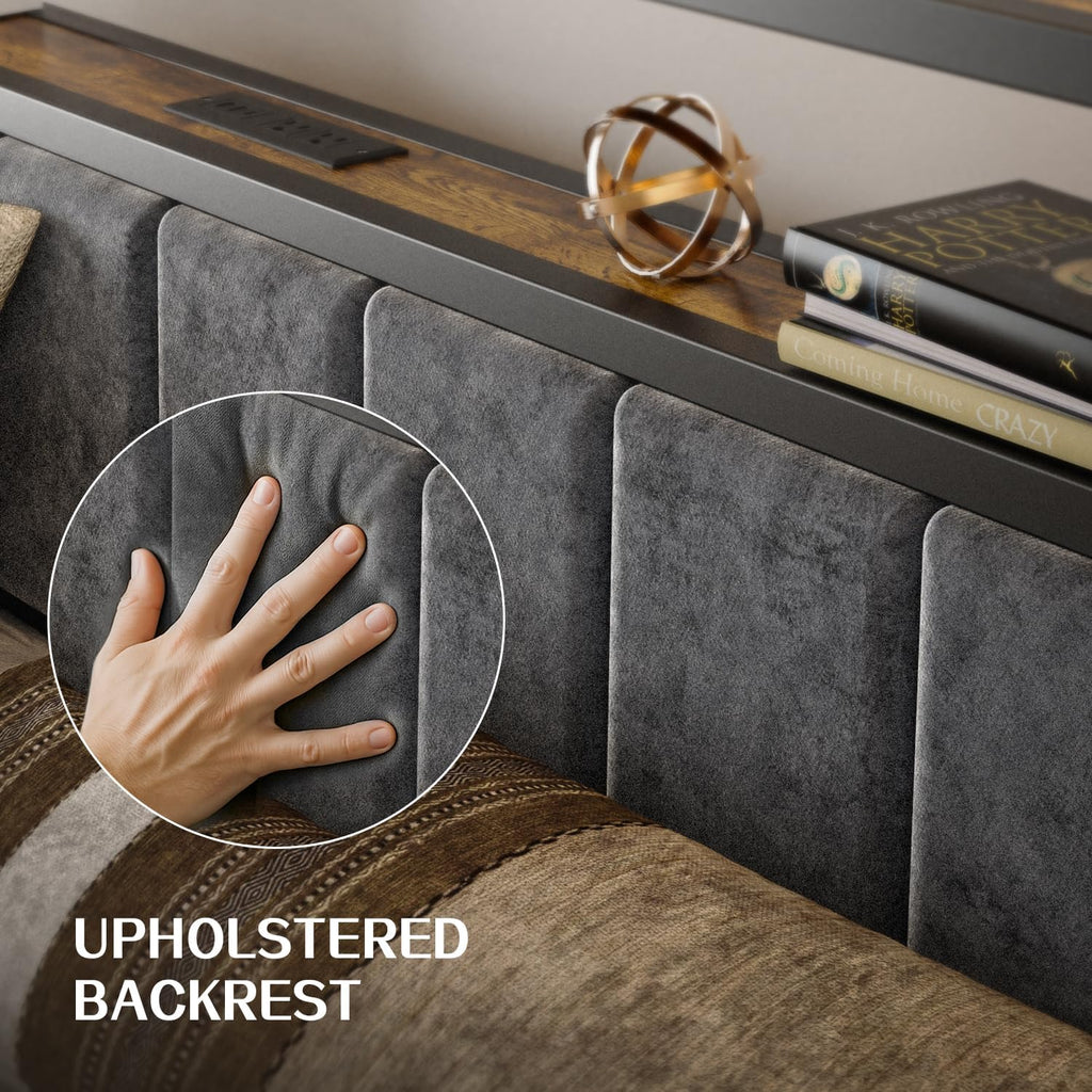 Full Platform Bed Frame with LED Lights, Charging Station, Grey Upholstered Headboard with 2-Tier Storage Shelves