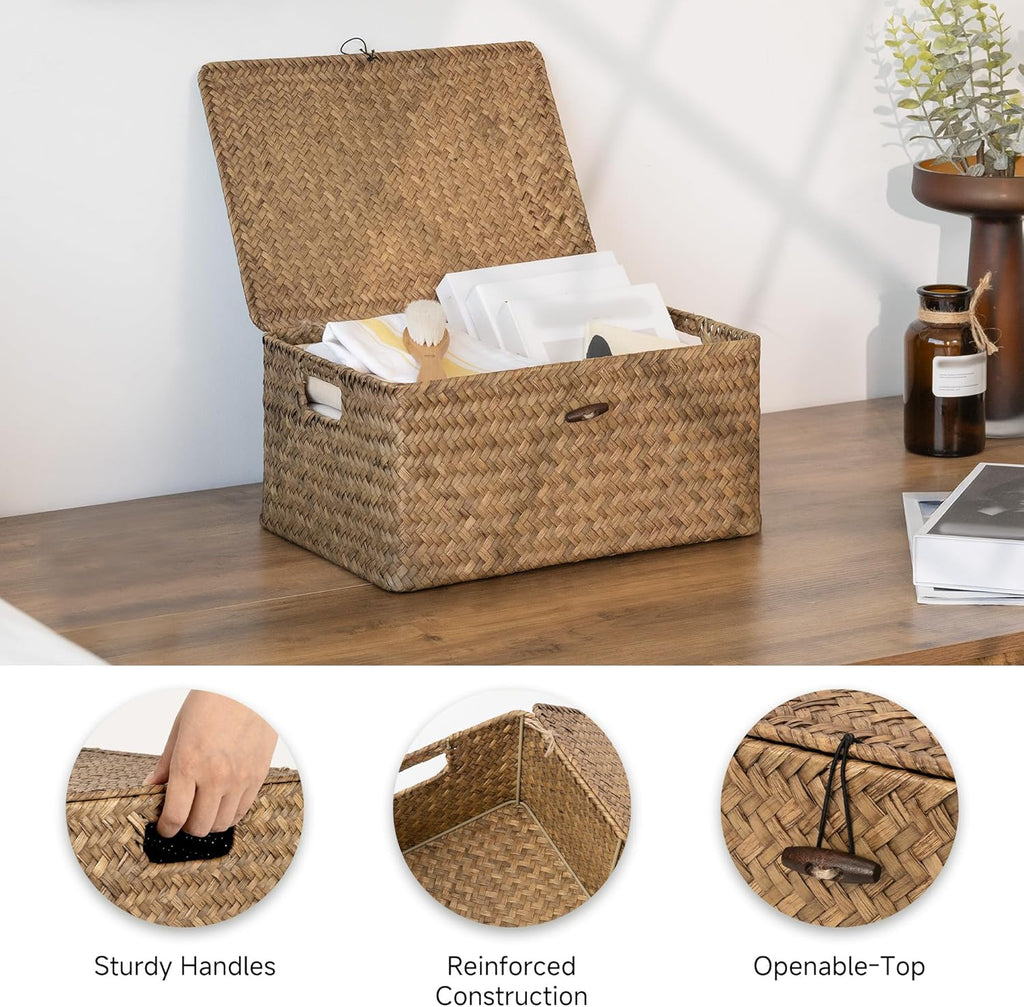 Wicker Baskets with Lid for Organizing, Seagrass Storage Baskets for Shelves, Decorative Box with Built-in Handles