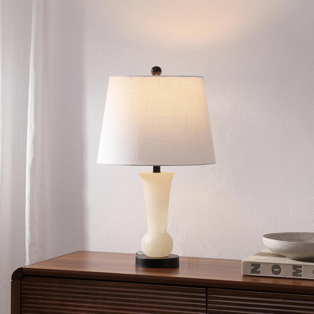 23" Natural/Black Natural White Alabaster Table Lamp with Crystal Base, Modern Nightstand Lamp with White Linen Shade