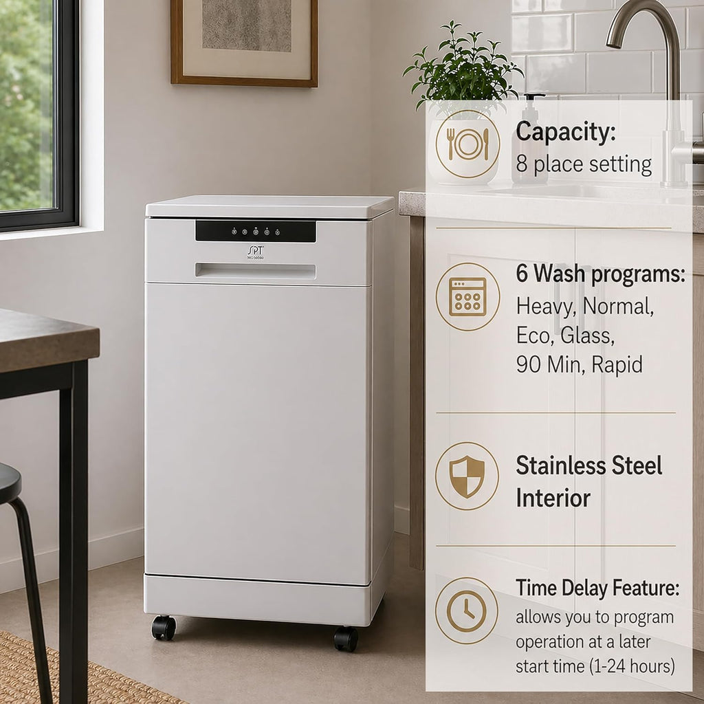 SD-9263WA 18″ Wide Portable Dishwasher with, 6 Wash Programs, 8 Place Settings and Stainless Steel Tub - White