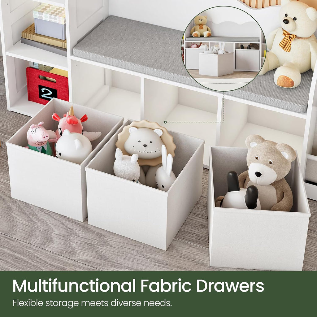 66.9" Kids Bookshelf with Reading Nook, 3-in-1 Kids Bookcase with Cushion and Sling Shelf, Toy Chest Storage with