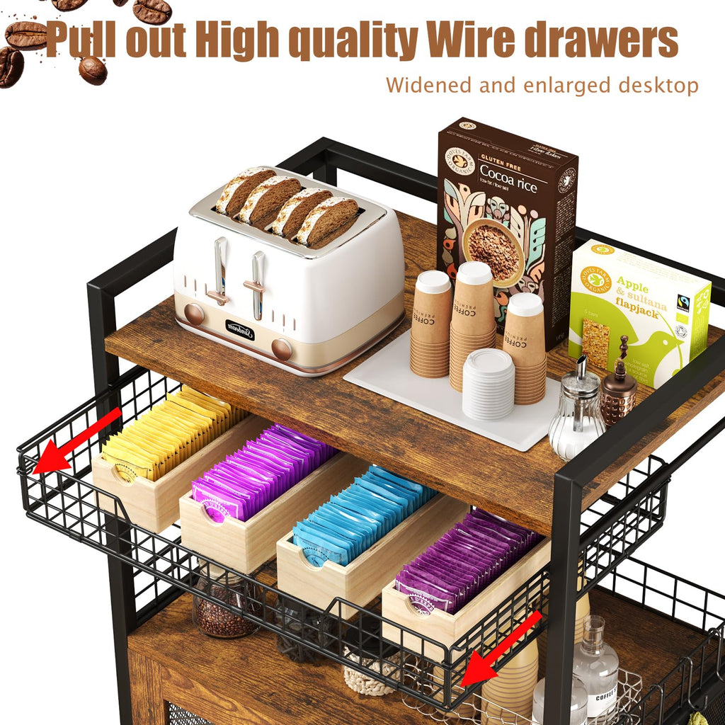 Coffee Bar Cabinet, 3 Tier Coffee Station Table on Wheels, 35.9" H Bar Cart with Wire Basket Drawer & 5 Hooks