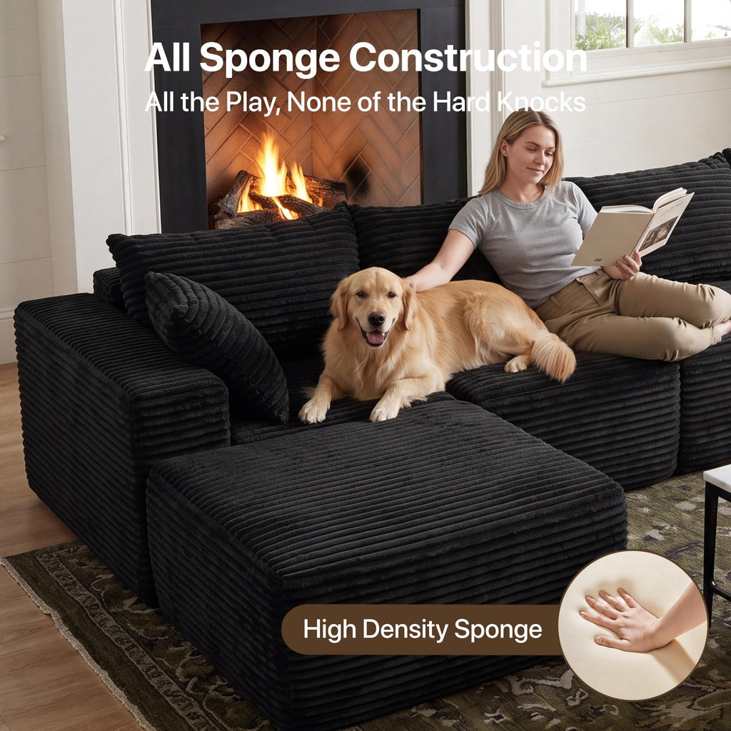 120" Boneless Couch, U-Shape Corduroy Sectional Sofa, Black