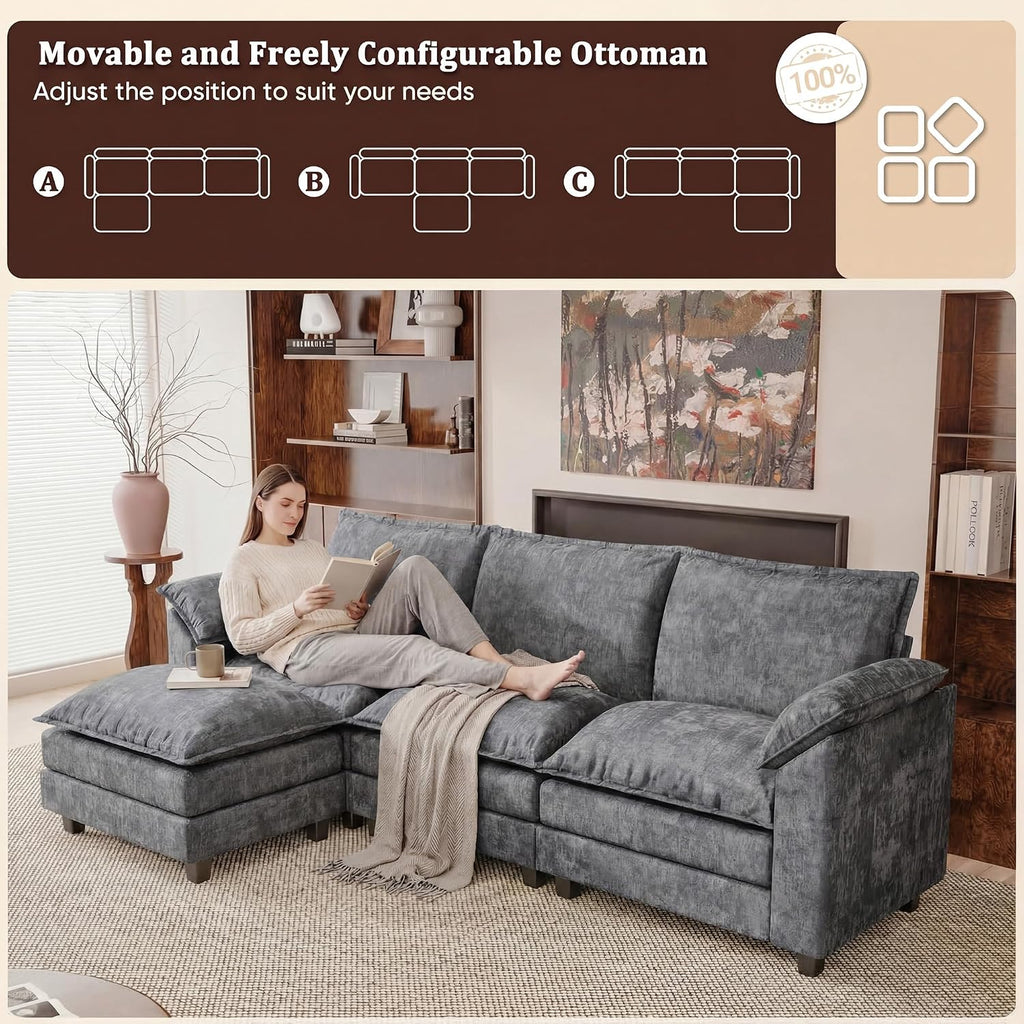 118.9" Modular Sectional Cloud Couch 3-Seat Sofa Set with Movable Ottoman, L Shaped Sofa Couch with Deep Seat