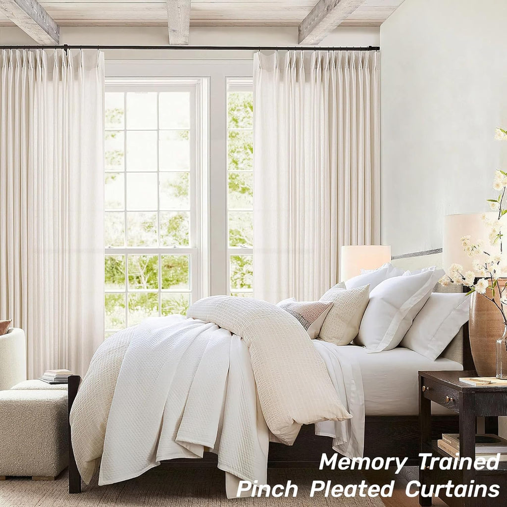 Pinch Pleat Linen Sheer Curtains for Patio Sliding Door Light Filtering Semi Sheer