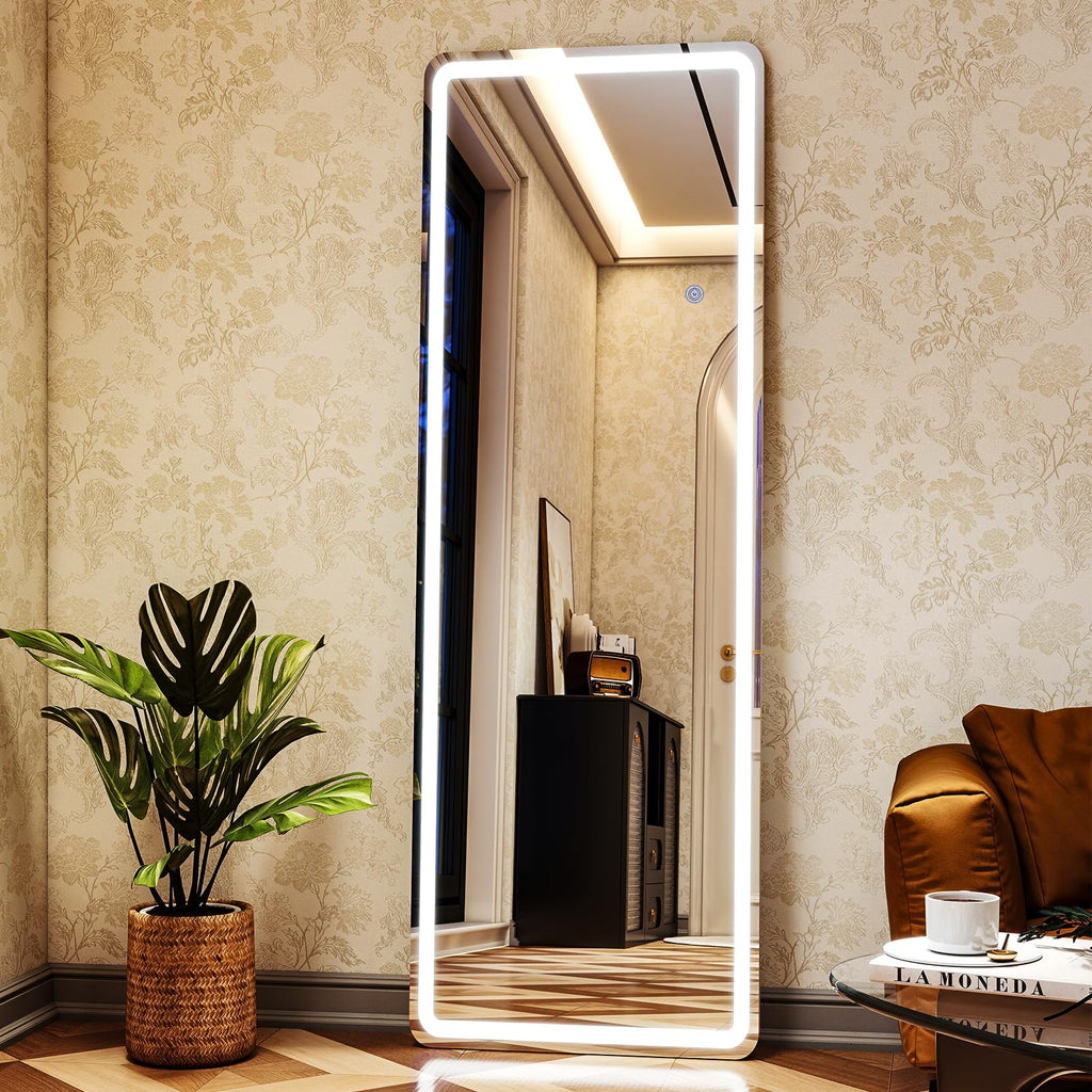 LED Rectangular Corner White Full Length Mirror - 16" x 60" Brightness Adjustable, Touch Screen Control, Wall Mounted