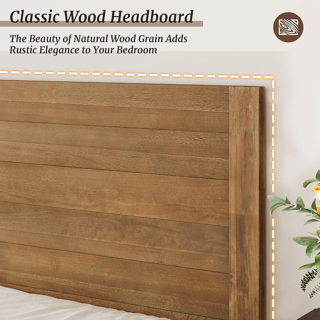 Queen Bed Frame with Headboard, 100% Solid Acacia Wood Platform, 800lb Heavy Duty Support with 10 Reinforced Legs