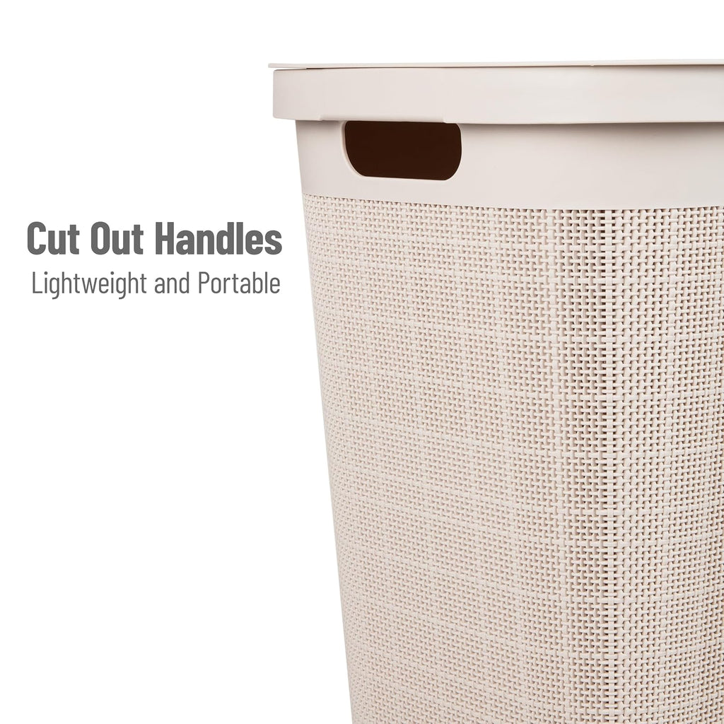 60L Slim Laundry Hamper, Clothes Basket, Lid, Linen Design, Plastic, Ivory