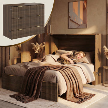Queen Murphy Bed, Fluted Wood Murphy Cabinet with Storage Drawers & Charging Station /Office/Guest Room, Black Walnut