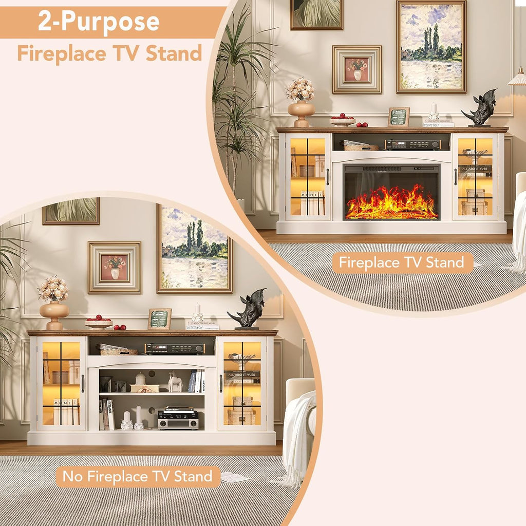 2-in-1 Multifunctional Fireplace TV Stand with 30" Removable Electric Fireplace, 70" Farmhouse Entertainment Center