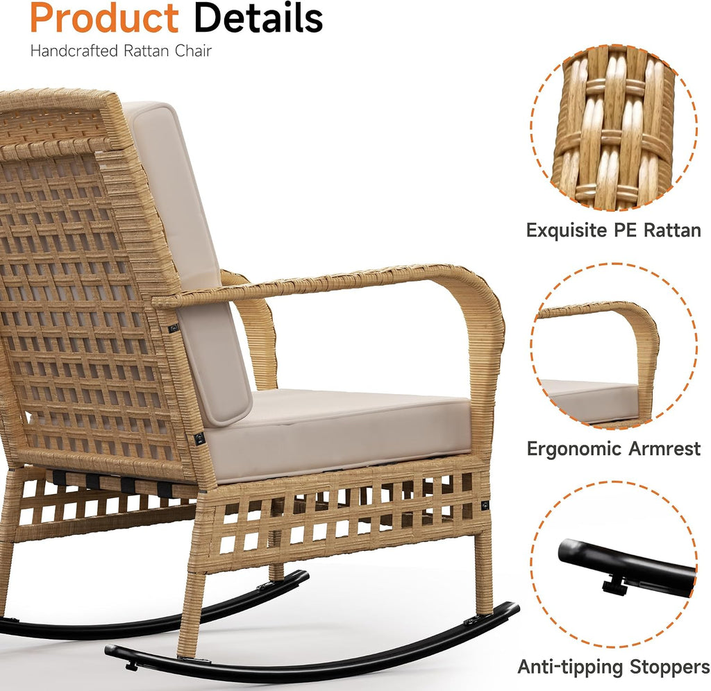 Outdoor Rocking Chair Set, 3-Piece Wicker Patio Furniture | Elegant Wicker Style | Comfortable Cushions | Stable
