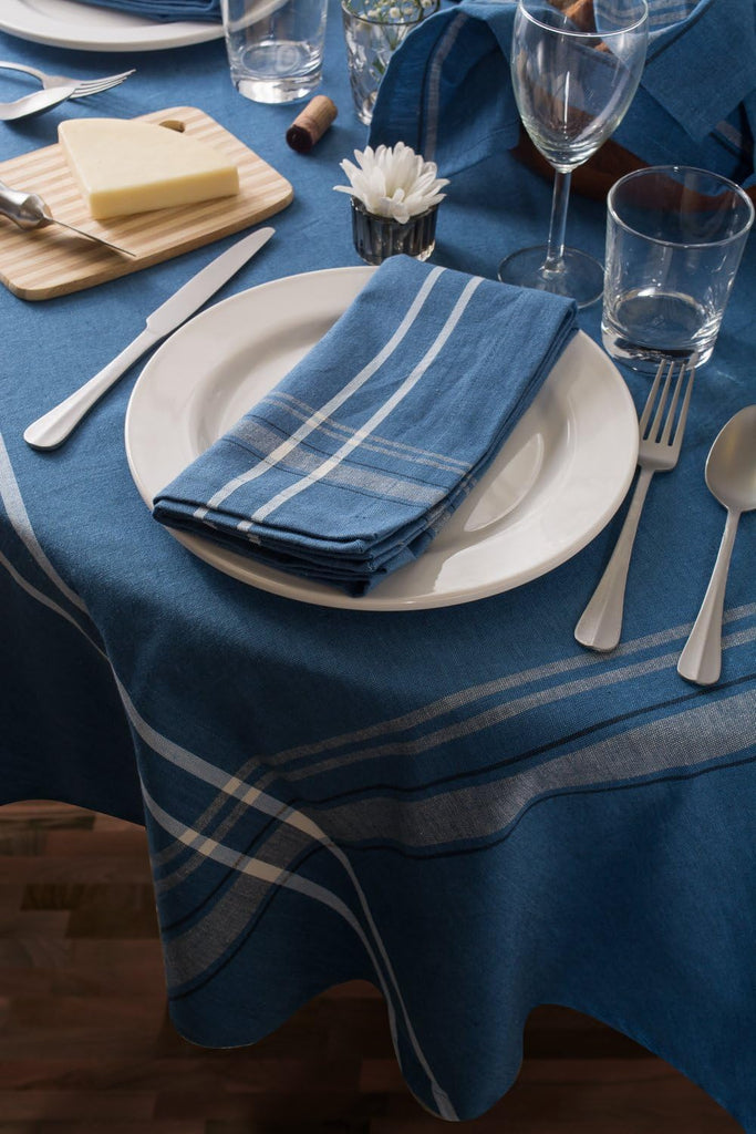 French Stripe Tabletop Collection Farmhouse Style Dining Table Linen Tablecloth, 60x84, Blue Chambra