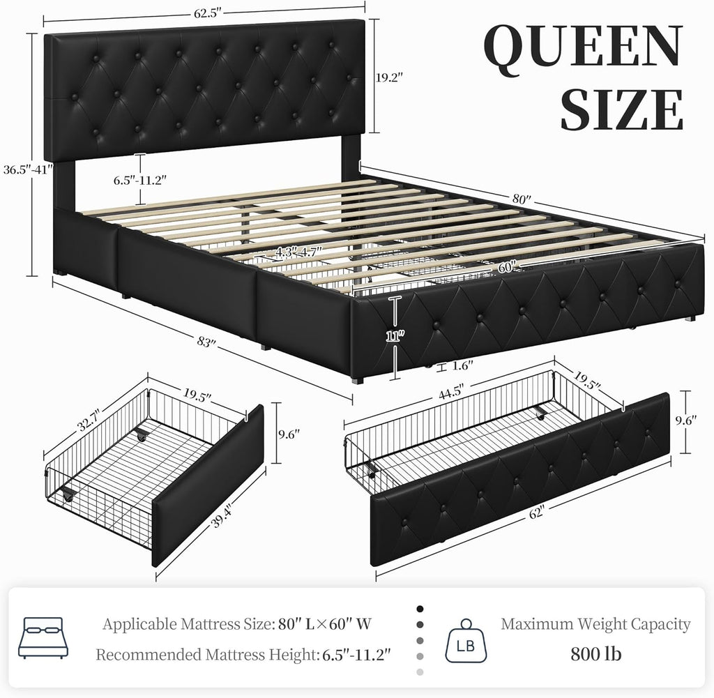 Queen Bed Frame Upholstered Bed Frame with Adjustable Diamond Button-Tufted Headboard/3 Drawers Storage