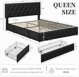 Queen Bed Frame Upholstered Bed Frame with Adjustable Diamond Button-Tufted Headboard/3 Drawers Storage