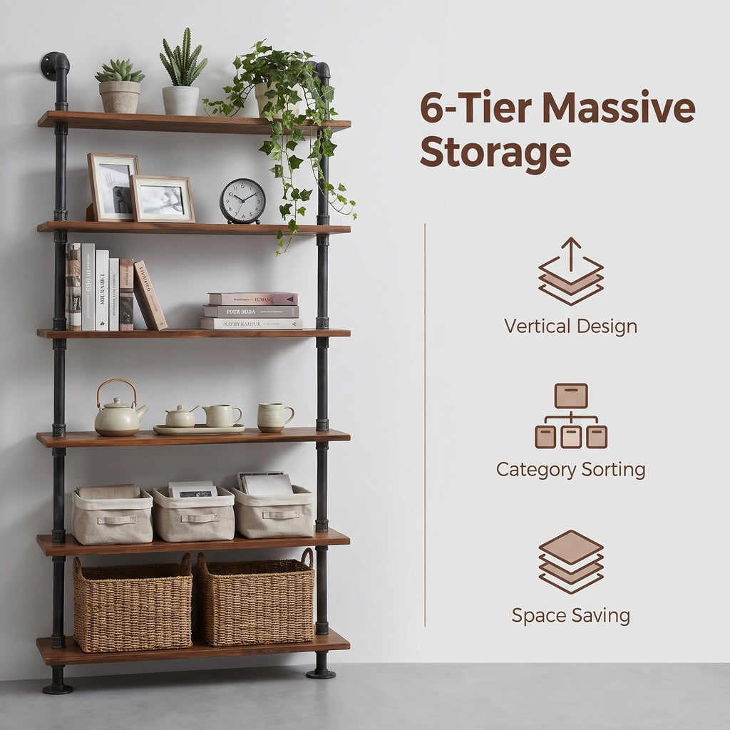 Retro Wall Mounted Pipe Shelf 36inch Width Farmhouse 6 Layers Storage Organizer Bathroom Office Home Decor Industrial