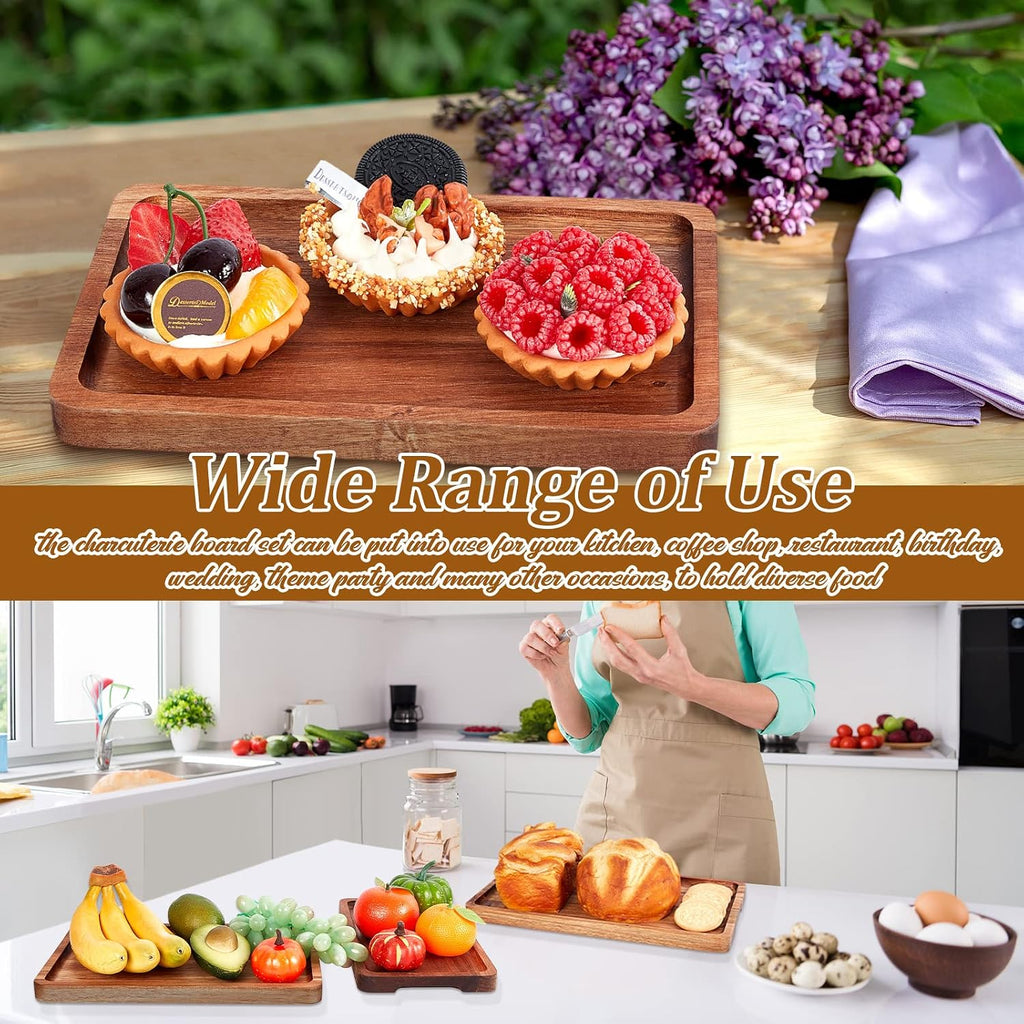 6 Pcs Acacia Wood Serving Trays Wooden Plates for Food 3 Sizes Rectangular Serving Platter Set Natural Wooden Boards