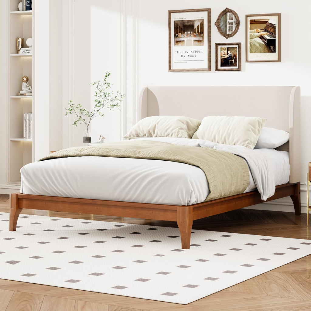 Queen Wingback High Headboard, Upholstered Linen Fabric Headboard, Bamboo Wood, Easy Assembly, 48''H, Tan