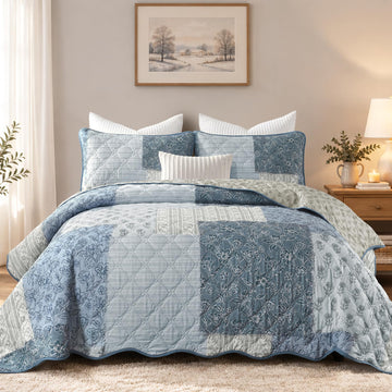 Blue Quilt Set, Reversible Floral Patchwork Bedspread