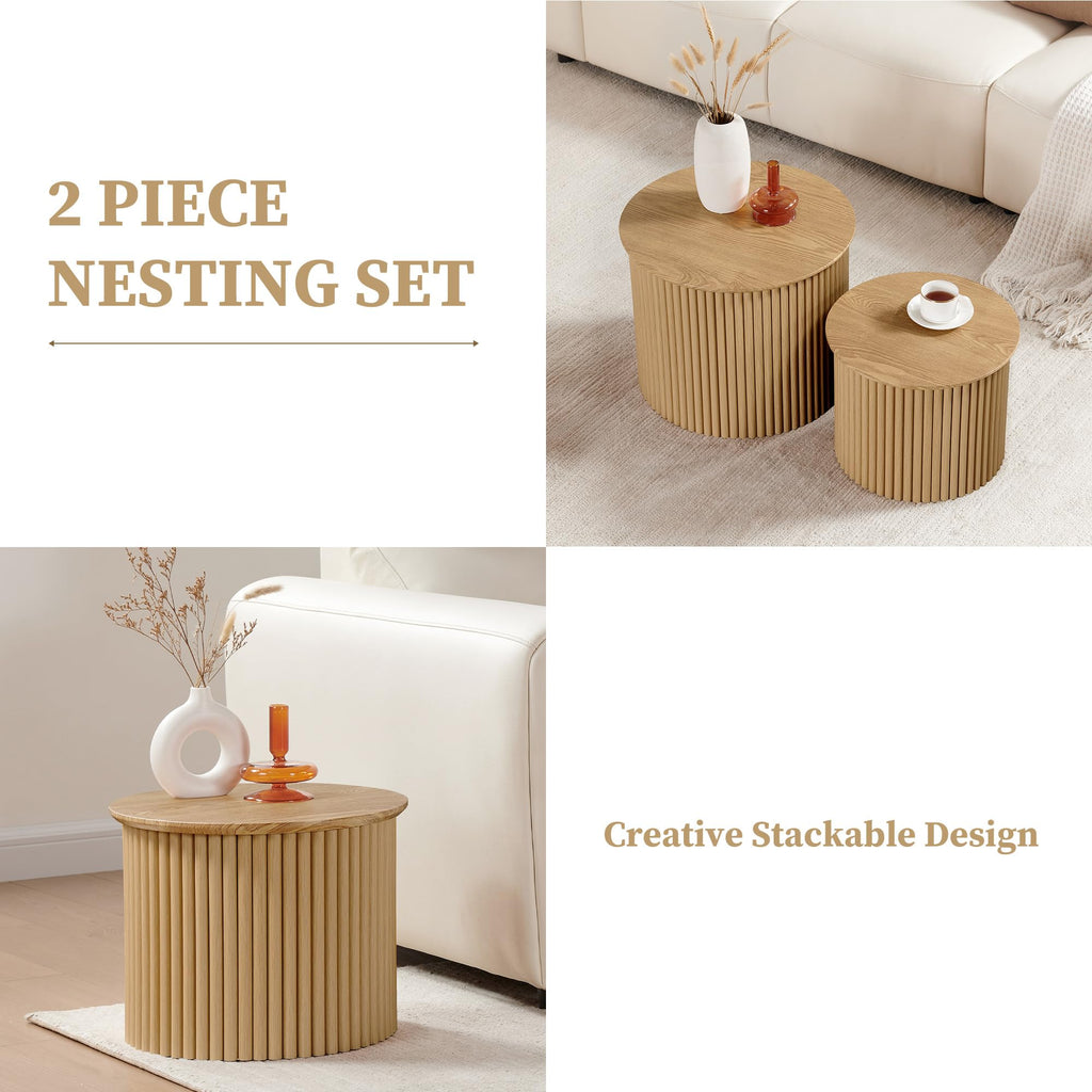 Round Nesting Coffee Table Set of 2, Small Fluted Coffee Table Circle Side Table, Boho Modern Wood Nesting Tables