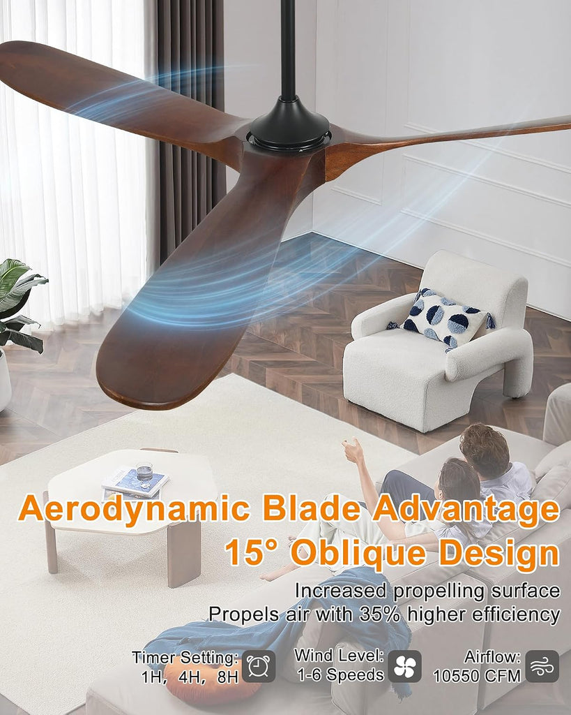72" Smart Ceiling Fan without Lights, Wood Large Ceiling Fan with Remote Alexa Google App