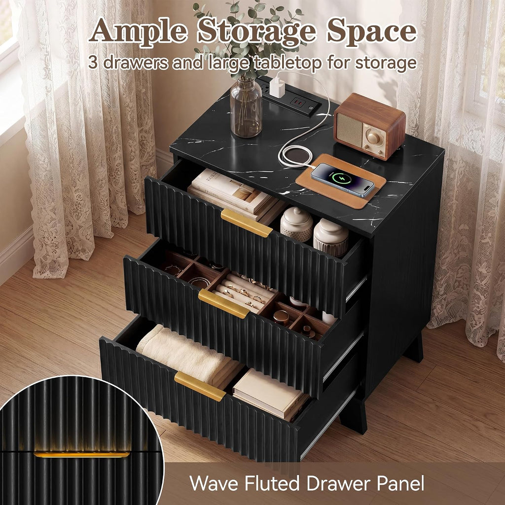 Black Fluted Nightstand Set of 2 with Charging Station, 3 Drawer Small Bedside Table, Faux Marble Top, 2 AC & Dual