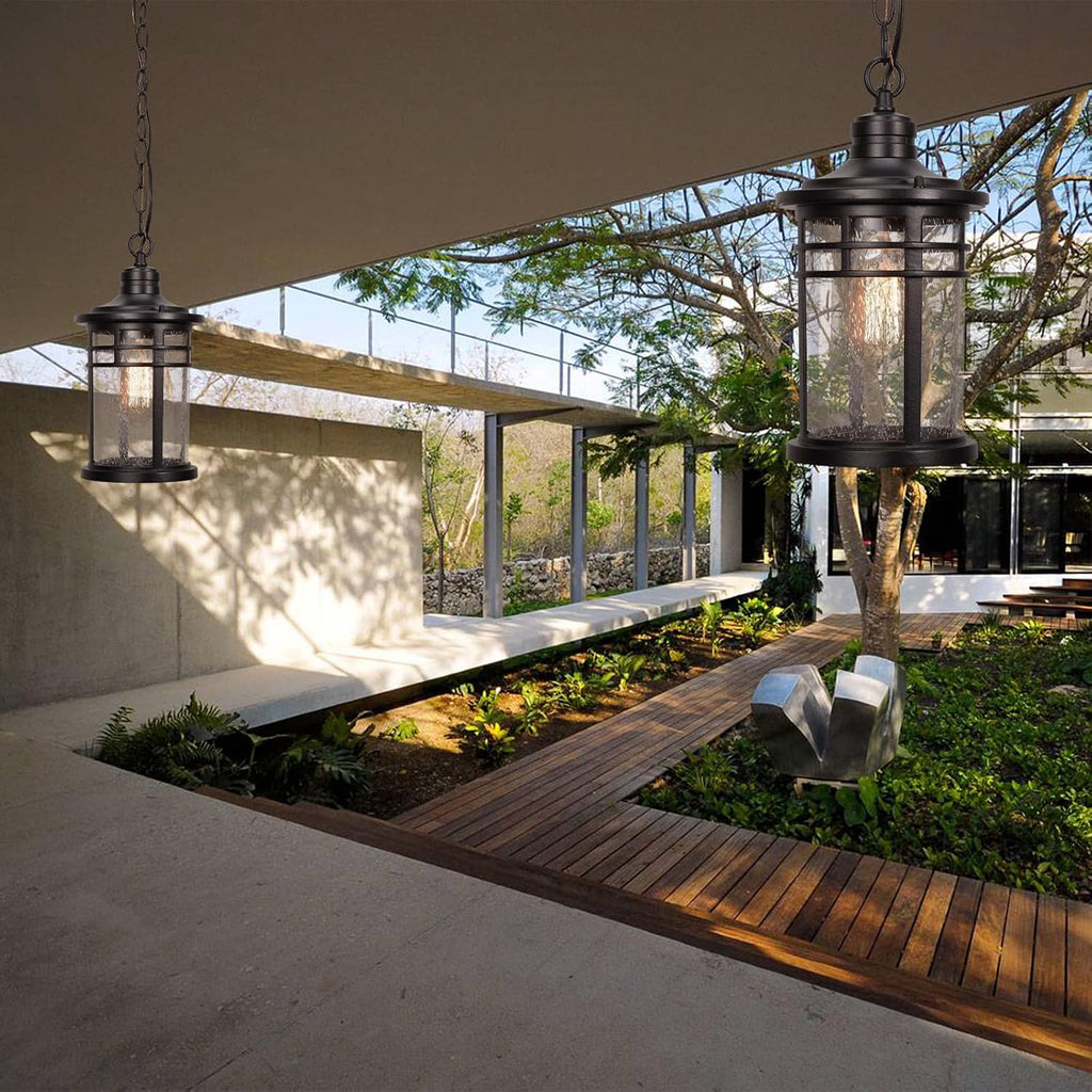 Outdoor Pendant Lights for Porch, Outdoor Chandelier Hanging Porch Lights Ceiling Mount Aluminum with Seeded Glass