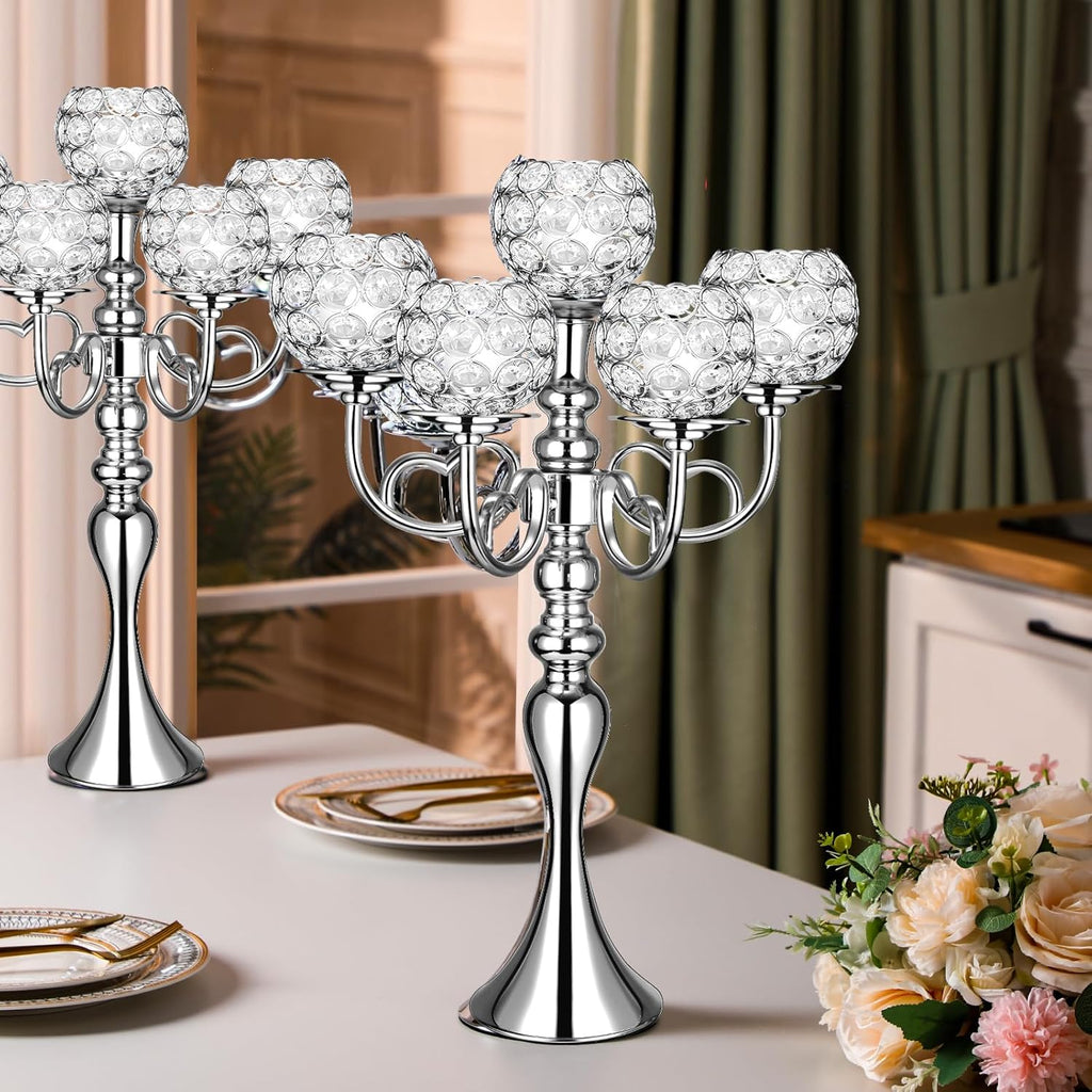 2 Pcs Wedding 5 Arm Crystal Silver Candelabra Table Centerpieces with 12 LED Light 21.5'' Tall Candle Holder Bowl