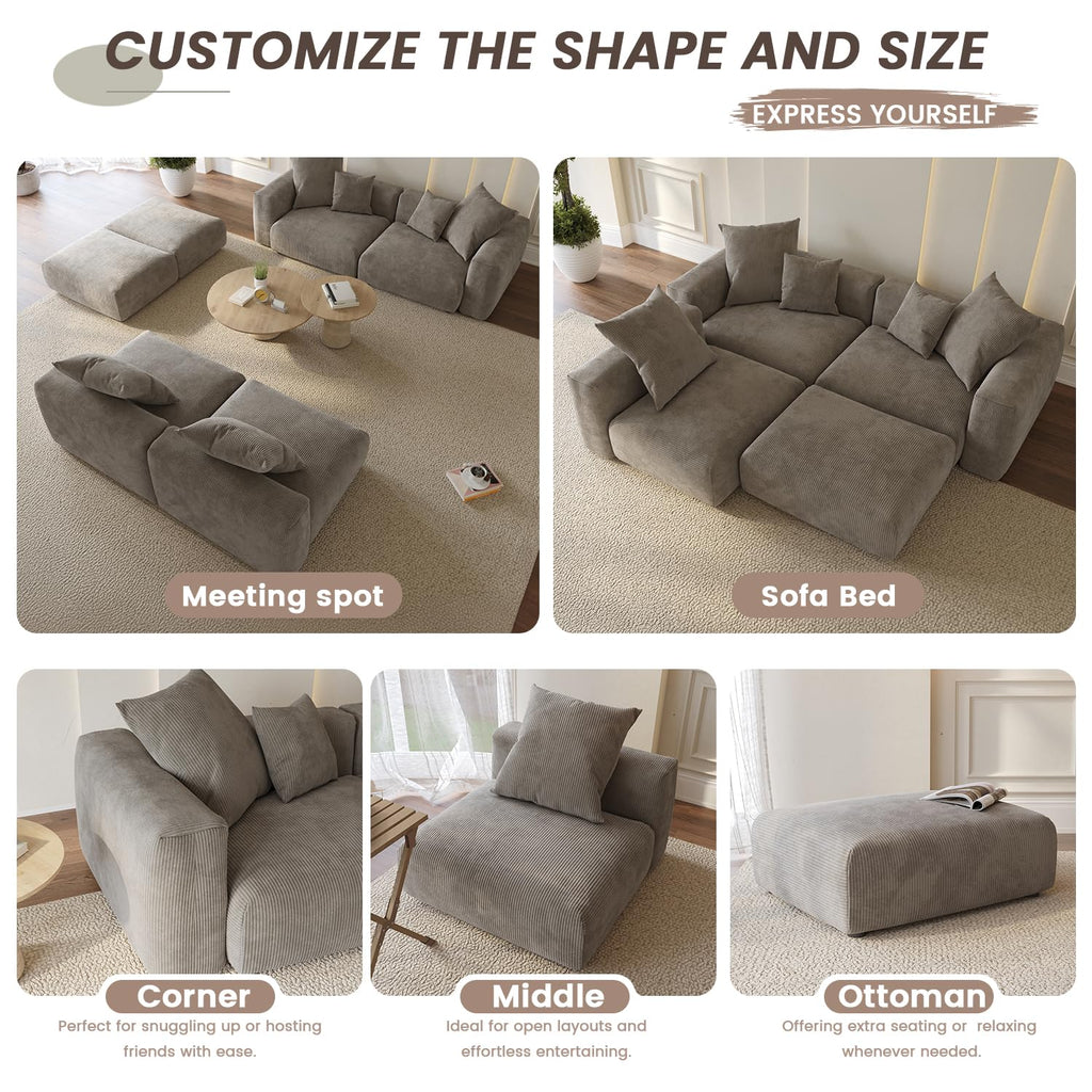 Oversized Modular Sectional Sofa with Ottomans, 5 Seater Corduroy V Shaped Reversible Corner Couch, 141.73" Convertible